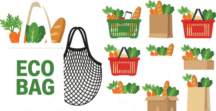 Reusable Eco Bag Canvas Tote String Mesh Bag and Shopping Basket Set Filled with Fresh Groceries and Organic Vegetables Vector Illustration