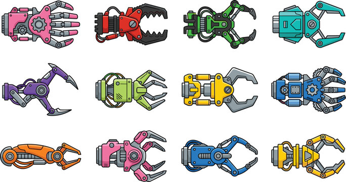 Robotic Claw and Mechanical Hand Icon Set Featuring Futurist Cybernetic Grippers For Games UI Industrial Automation And Tech Vector Designs