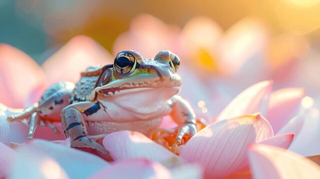 A frog sits on pink lotus petals, bathed in warm, soft sunlight