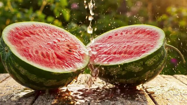 Watermelon exploding in pieces on wooden table outdoors