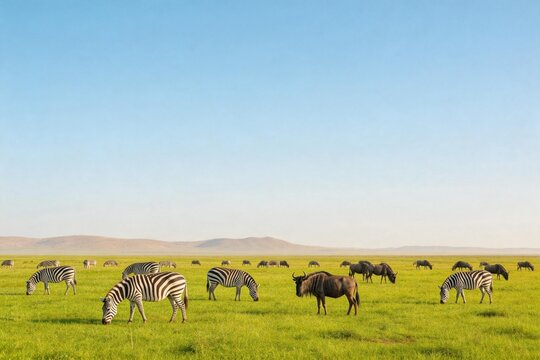 Zebras and wildebeest grazing in grassland