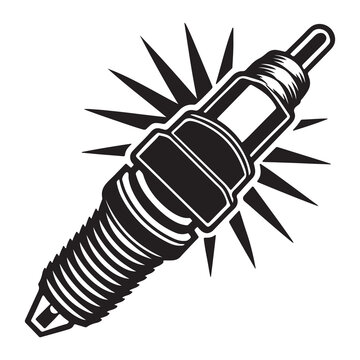Black and white illustration of a spark plug with a burst of energy  automotive part  engine component