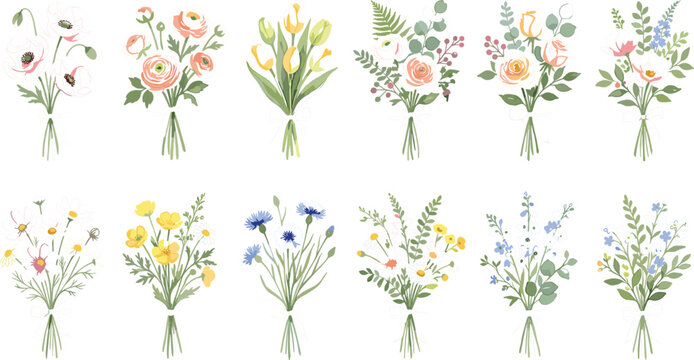 Watercolor Style Spring Wildflower Bouquets Collection Featuring Anemones Tulips Ranunculus Cornflowers and Eucalyptus Foliage Elements for Greeting Card Vector Illustration