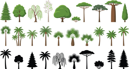 Mega Tree and Palm Collection Featuring Deciduous Coniferous Exotic Tropical Foliage Plants and Dark Black Shape Silhouettes Vector Illustration © SUMON
