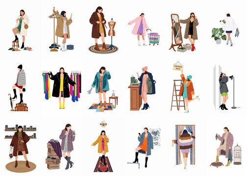 Flat vector illustration set of stylish women shopping for vintage fashion, trying on faux fur coats, and exploring secondhand thrift store finds.