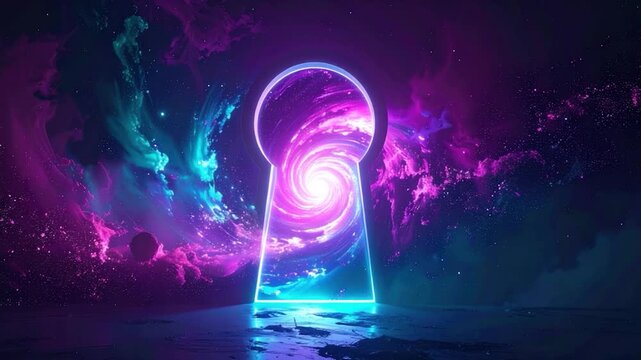 Abstract keyhole reveals a swirling cosmos in vibrant blues and purples