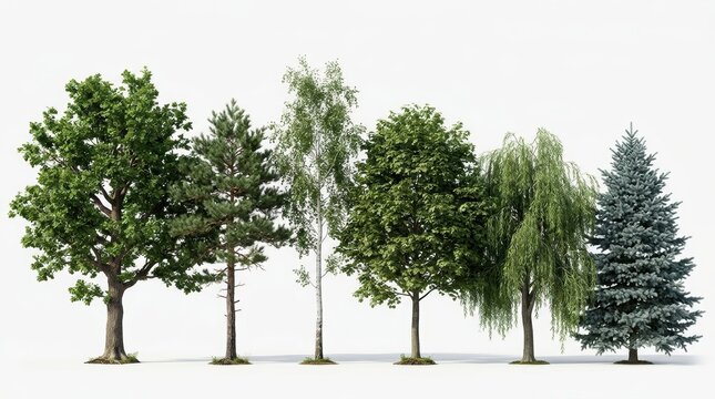 Diverse collection of green trees, set of six realistic forest and garden tree species, isolated deciduous and evergreen trees on white background