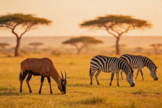 Zebras and antelope grazing in savanna
