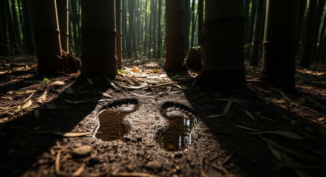 Footprints imprinted on a forest path with dappled sunlight