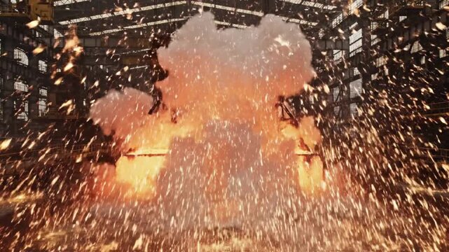 Ultra realistic steel factory scene with crane transporting glowing metal blocks bright red hot surface with heat shimmer blocks lowered into water creating steam burst vapor and splashes sparks scatt
