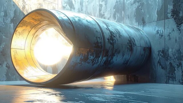 Futuristic metal tube embedded in concrete wall with glowing light