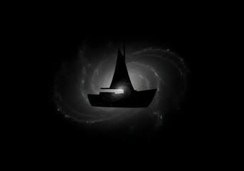 Fototapeta premium Silhouette of a sailboat in stormy waters artistic black and white image