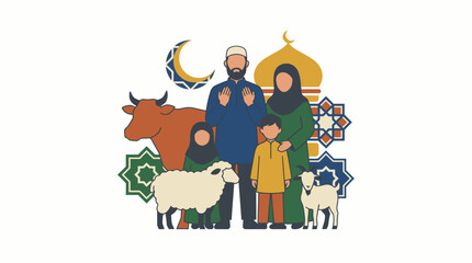 Naklejka premium Muslim family with cow and sheep celebrating Eid al-Adha festival in front of mosque.