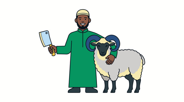 Muslim man in green robe with a meat cleaver standing next to a ram.