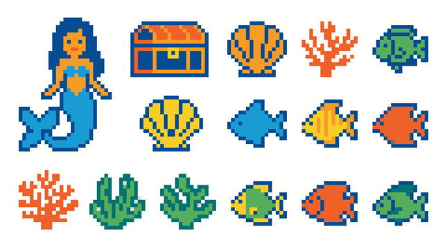 Set of pixel art marine life icons including mermaid fish shells and treasure.