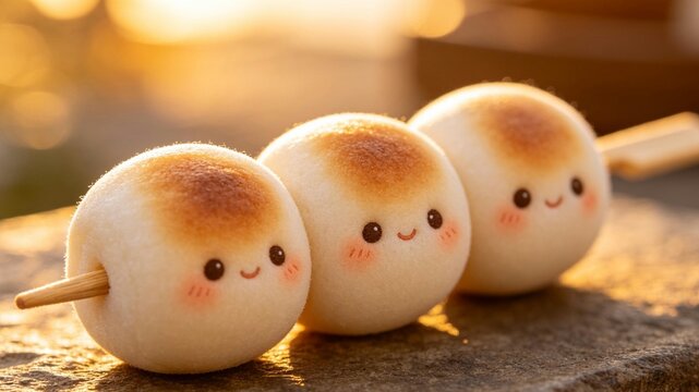 3D Illustration of Dango Cakes on Skewer in Various Degrees of Doneness, Traditional Japanese Food