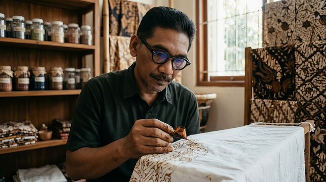 Indonesian batik artist creating traditional handmade batik with authentic cultural atmosphere and cinematic documentary style.