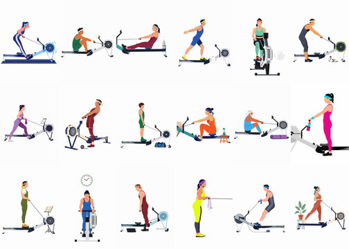 Diverse People Exercising on Rowing Machines Flat Vector Illustration Set