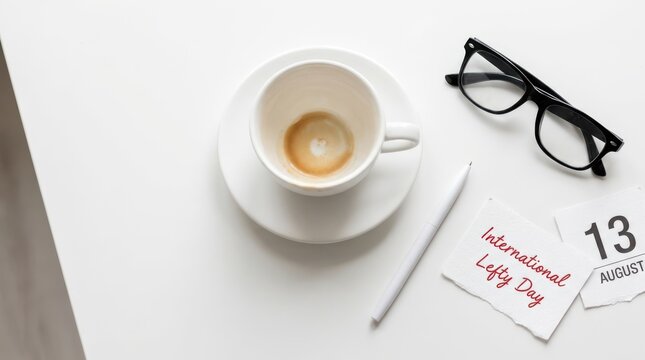 Empty coffee cup, glasses, pen, and calendar on white table. international lefty day on august 13.