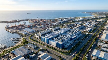 Obraz premium Aerial View of Coastal Industrial Port and Modern Facilities