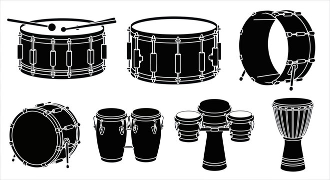 Drum Set Silhouette Collection: Snare, Tom, Conga, Djembe & Bass Drum