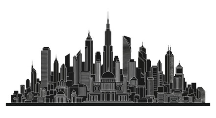 Obraz premium Black and white city skyline silhouette with modern skyscrapers