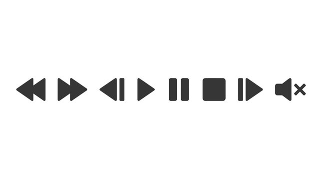 Set of multimedia control icons depicting play, pause, and navigation functions
