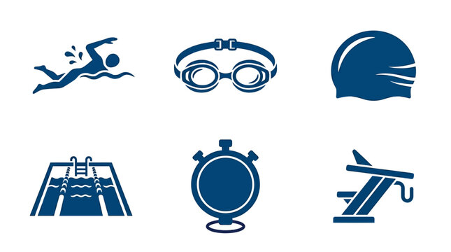 Iconic swimming symbols including a swimmer, goggles, cap, pool lanes, stopwatch, and diving board