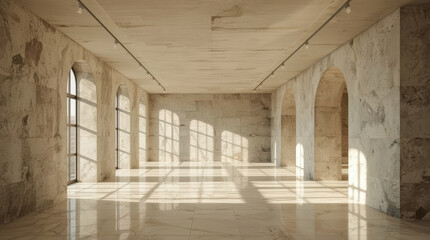 Naklejka premium Sunlit marble interior with arched windows and geometric shadows