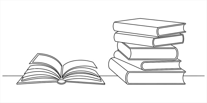 Simple line drawing illustration of an open book next to a tall stack of books for education learning research and academic study concepts Vector, illustration