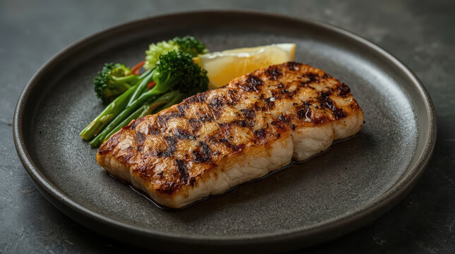 Grilled white fish fillet with broccolini and lemon wedge on dark plate, savory presentation