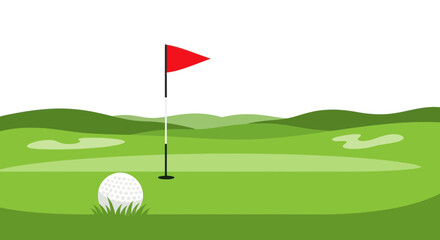 Obraz premium Golf ball and flag on green course, sport recreation concept