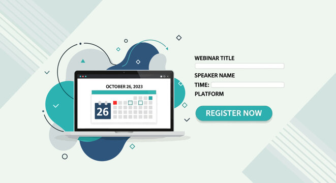 Digital webinar registration landing page template with laptop and calendar.