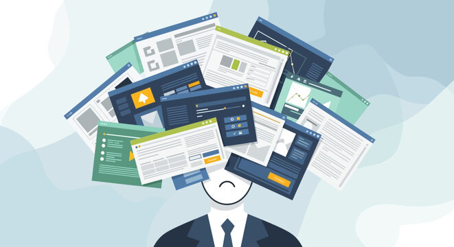 Businessman with paperwork in head.