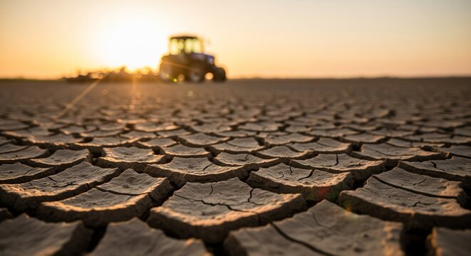 Tractor working on dry cracked earth field at sunset in rural landscape