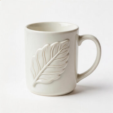 This is a plain white ceramic mug with an embossed leaf design on its side, featuring a standard curved handle for easy gripping.