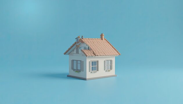 A small white house with a brown roof on a blue background, a miniature model of a home with a chimney and windows