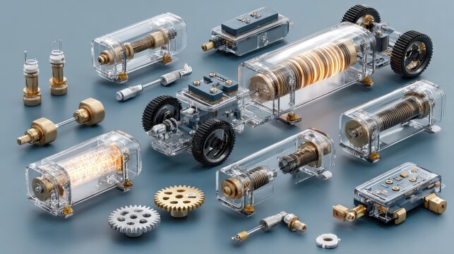 Transparent car parts scattered on a surface, showcasing engineering