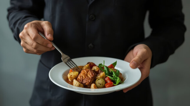 Small plate portion control meal with roasted chicken and potatoes, fresh greens and tomato
