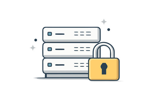 Secure server stack with large padlock, modern cybersecurity vector illustration isolated on transparent background for data protection and hosting design