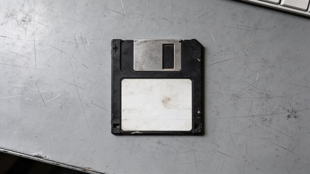 A single old floppy disk lies on a scratched metal surface near a keyboard.