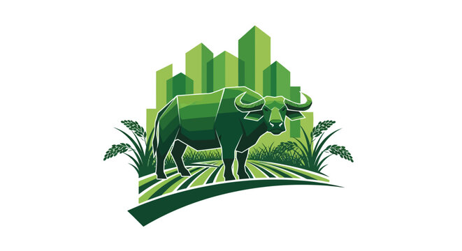 Green Bull Illustration with Urban Skyline and Crops Background.