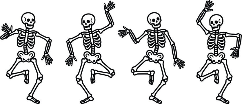 skeleton line drawing set dancing poses on white background