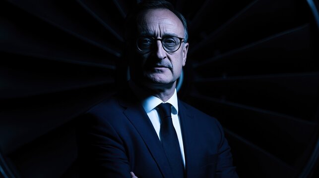Mature businessman in dark formal suit and glasses stands with crossed arms in front of large turbine blades for energy industry executive concept