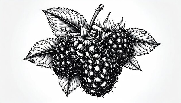 Blackberry fruit cluster with leaves engraving illustration