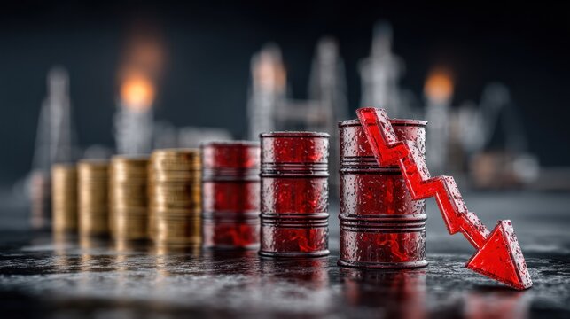 Oil barrels and coins with a red arrow indicating a sharp decline in oil prices