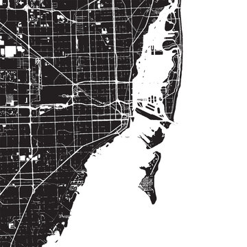 Downtown Miami Florida Vector Map, Detailed District Street Map Black and White Minimalist Line Art