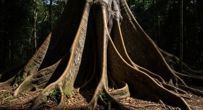 Giant buttress roots anchoring a massive tree in a lush forest