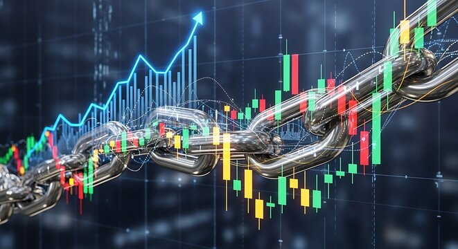 Blockchain technology concept with steel chain and financial stock market charts, cryptocurrency trading data, digital investment growth background