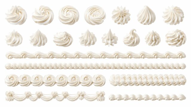 Whipped cream swirls and frosting borders set, white buttercream piping elements for cake decoration, sweet dairy foam dollops on white background